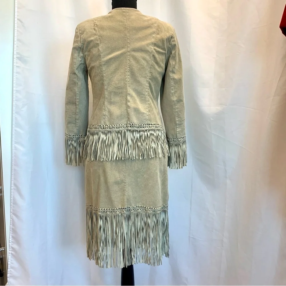 DANIER Leather cream beige suede fringe jacket skirt set S/8/10 western cowgirl - Picture 3 of 10